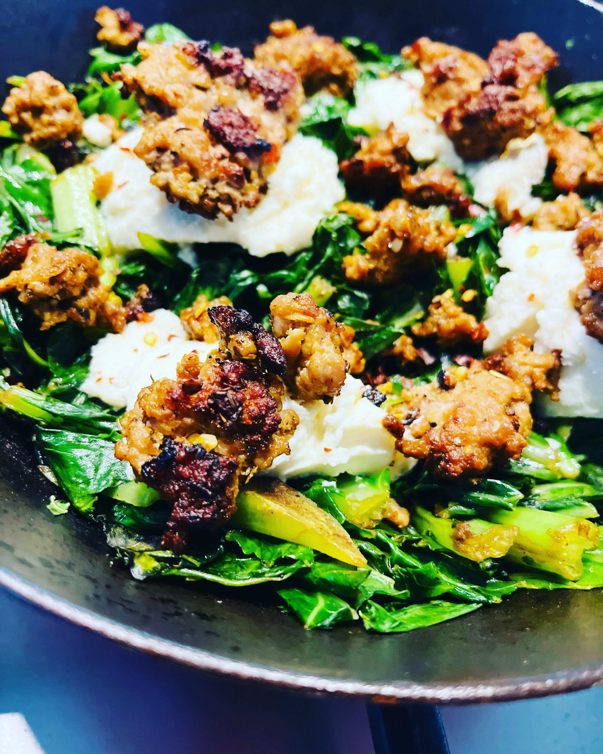 Homemade Italian Sausage with Dollops of Ricotta On the Great Greens Trio