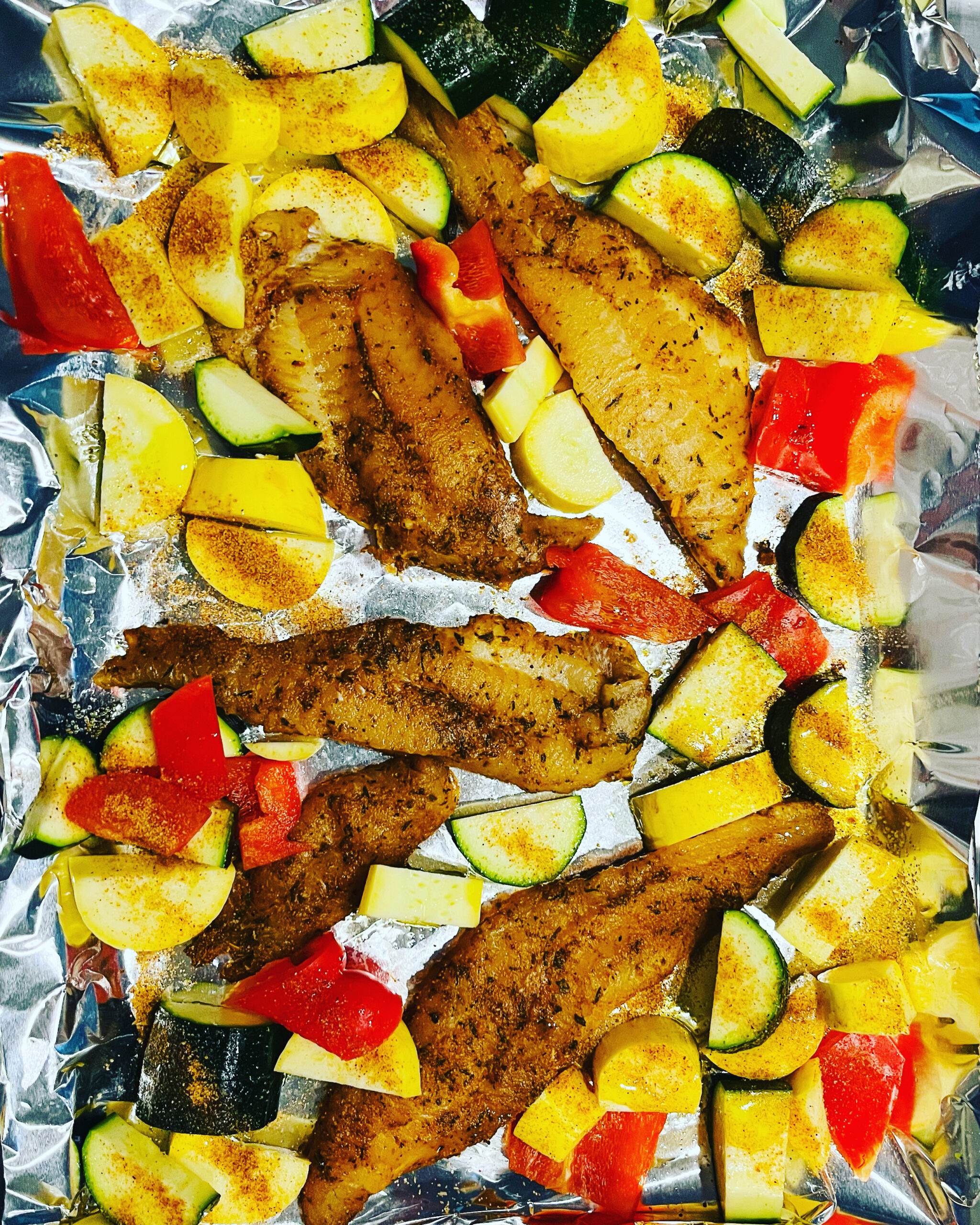 Spicy Blackened Catfish with Squash Medley & Red Bell Peppers