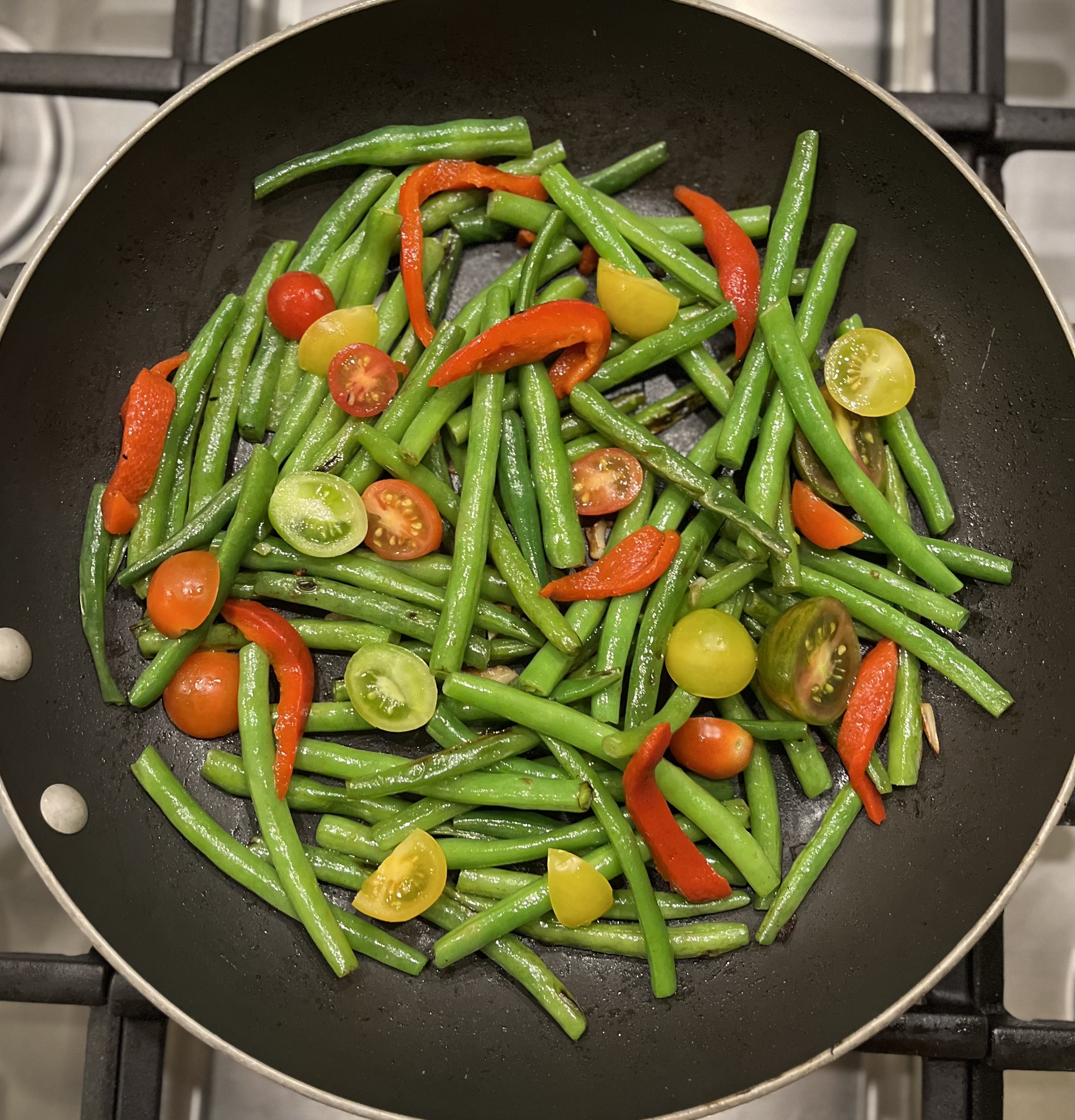 Sautéed Green Beans with Roasted Red Peppers & a Tomato Medley